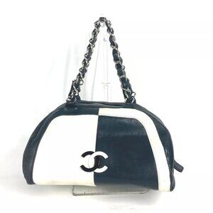 CHANEL Bicolor CC Mark Double Chain Shoulder Bag Handbag Leather White/Black